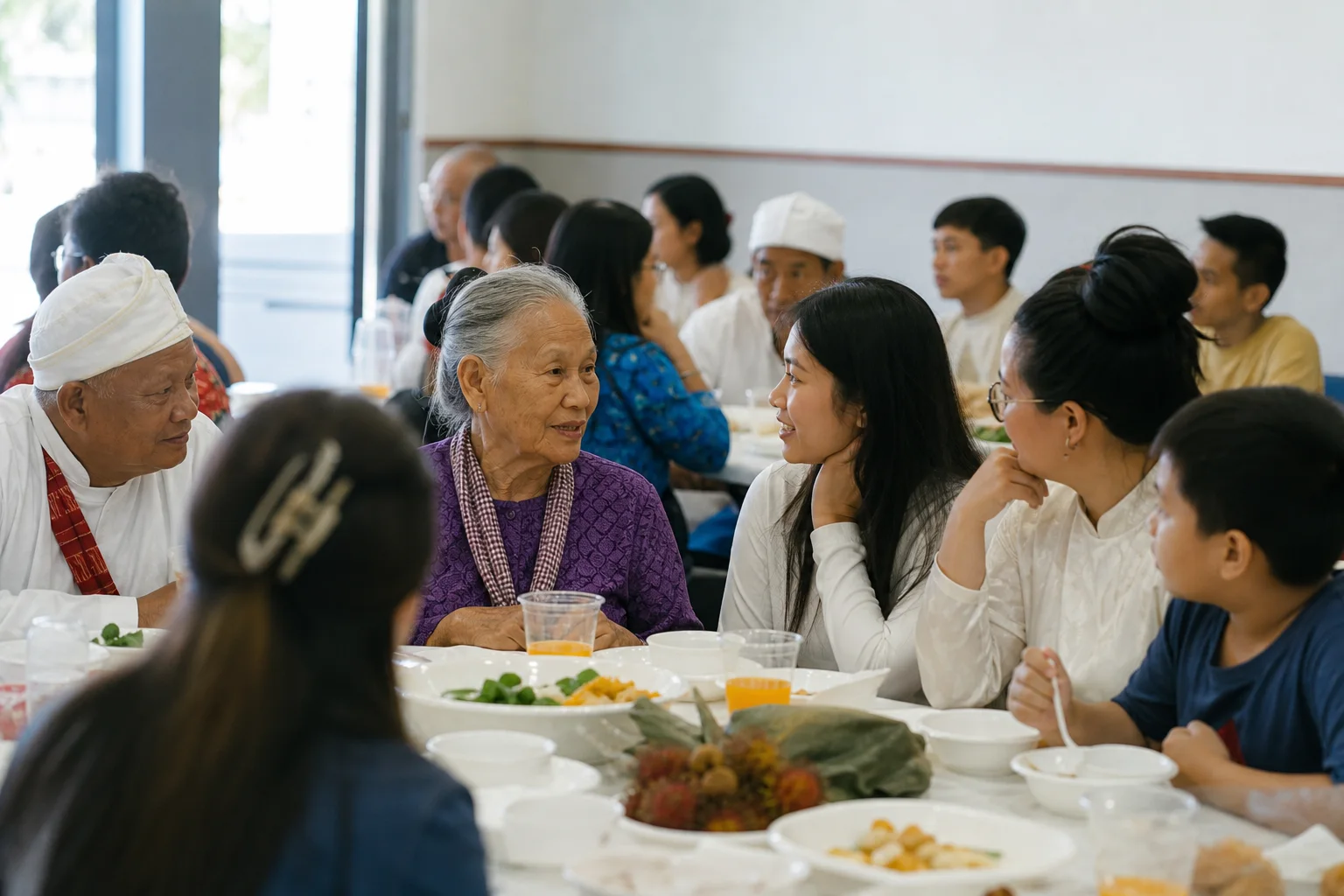 An intergenerational Southeast Asian community sharing a meal and conversation