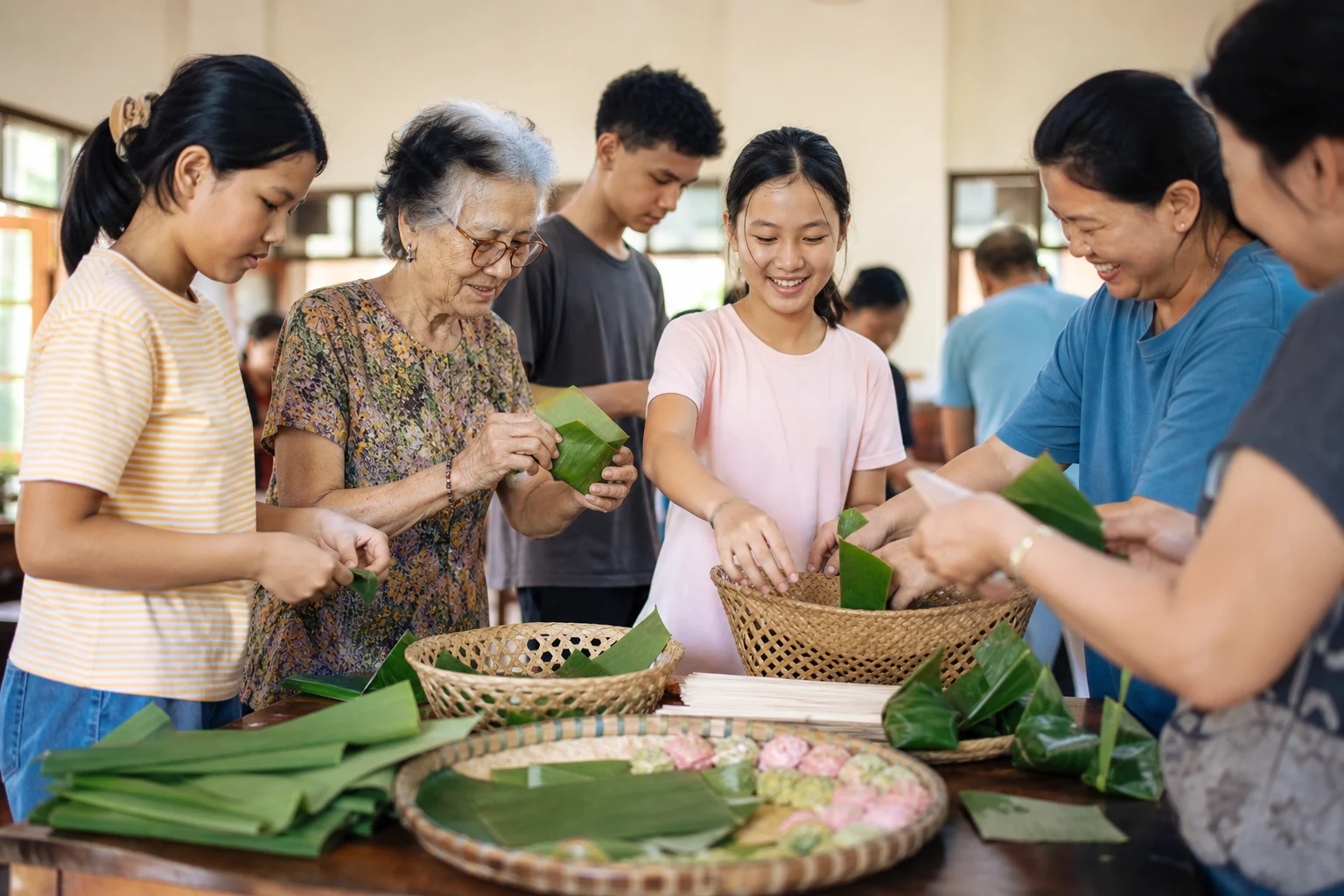 Intergenerational volunteers preparing program materials