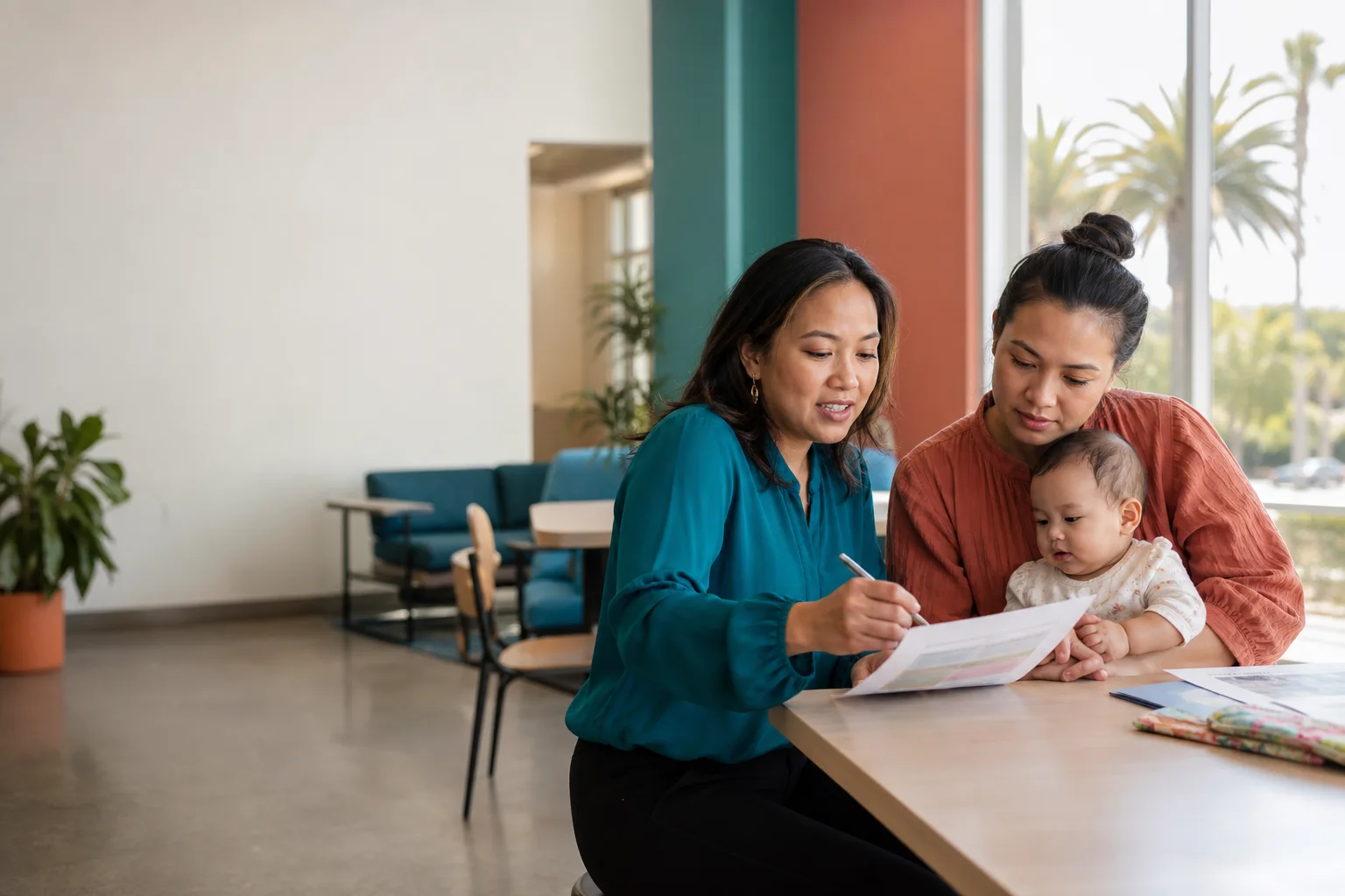 A community navigator helping a Southeast Asian mother review family resources