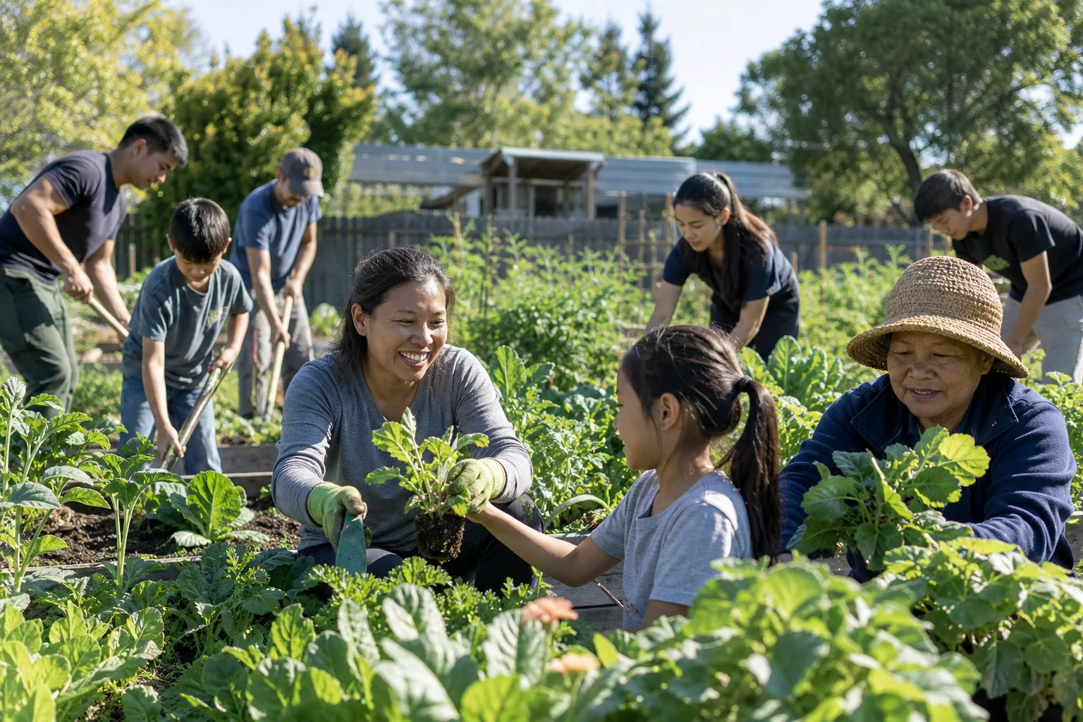 Southeast Asian families and volunteers working in a California community garden