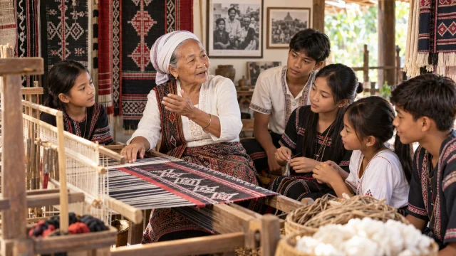 Champa family sharing traditional weaving, music, and stories across generations
