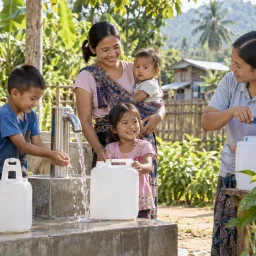 Southeast Asian family accessing clean water in a rural community setting