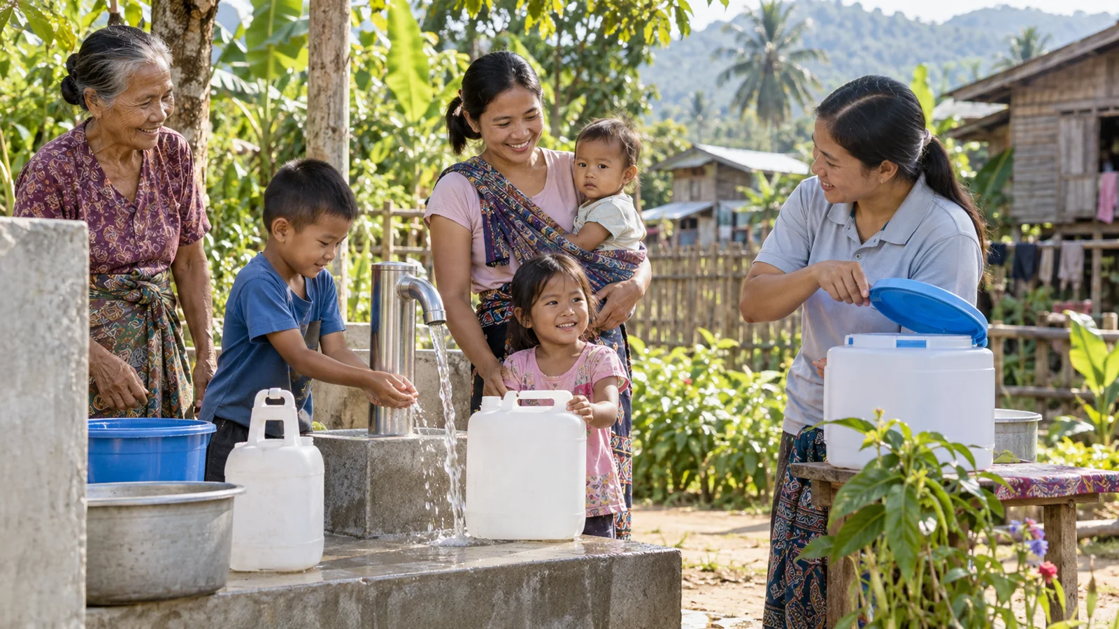 Southeast Asian family accessing clean water in a rural community setting