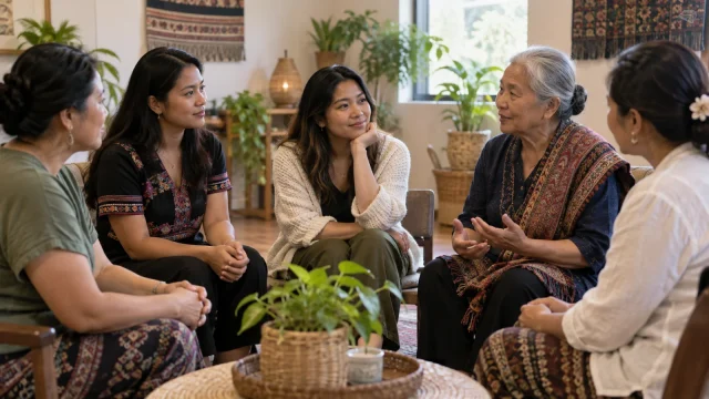Southeast Asian family members sharing a supportive intergenerational conversation