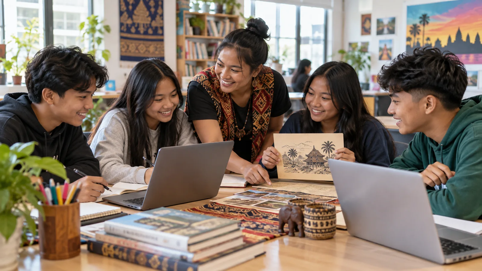 Southeast Asian young people learning together with a community mentor