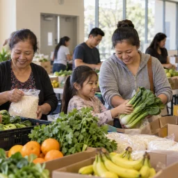 Volunteers preparing culturally familiar food and fresh produce for Southeast Asian families