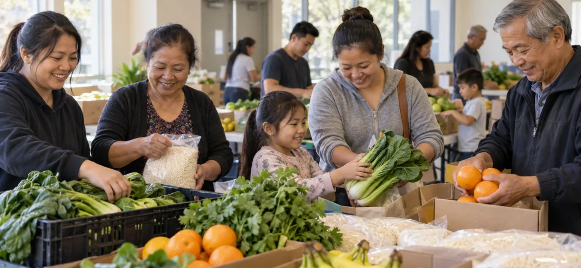 Volunteers preparing culturally familiar food and fresh produce for Southeast Asian families