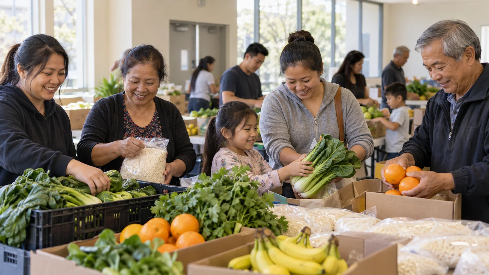 Volunteers preparing culturally familiar food and fresh produce for Southeast Asian families