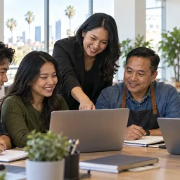 Southeast Asian adults collaborating during a practical technology and small business workshop